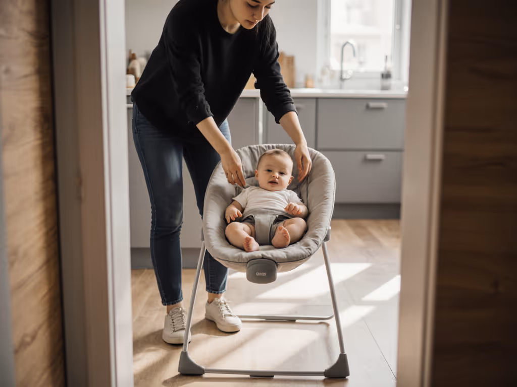 urban_parent_placing_baby_in_minimalist_bouncer_near_kitchen_doorway