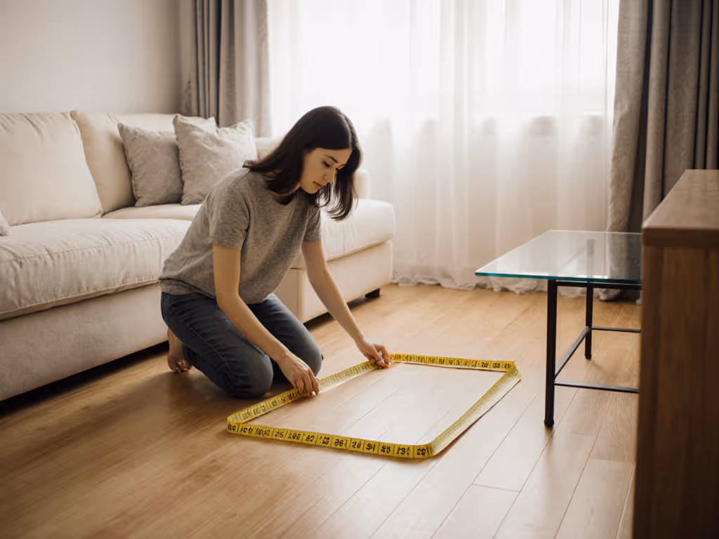 parent_measuring_bouncer_footprint_with_tape_measure_in_small_living_room