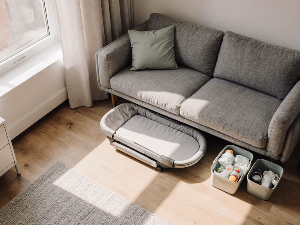 compact_urban_nursery_with_folded_bouncer_under_sofa